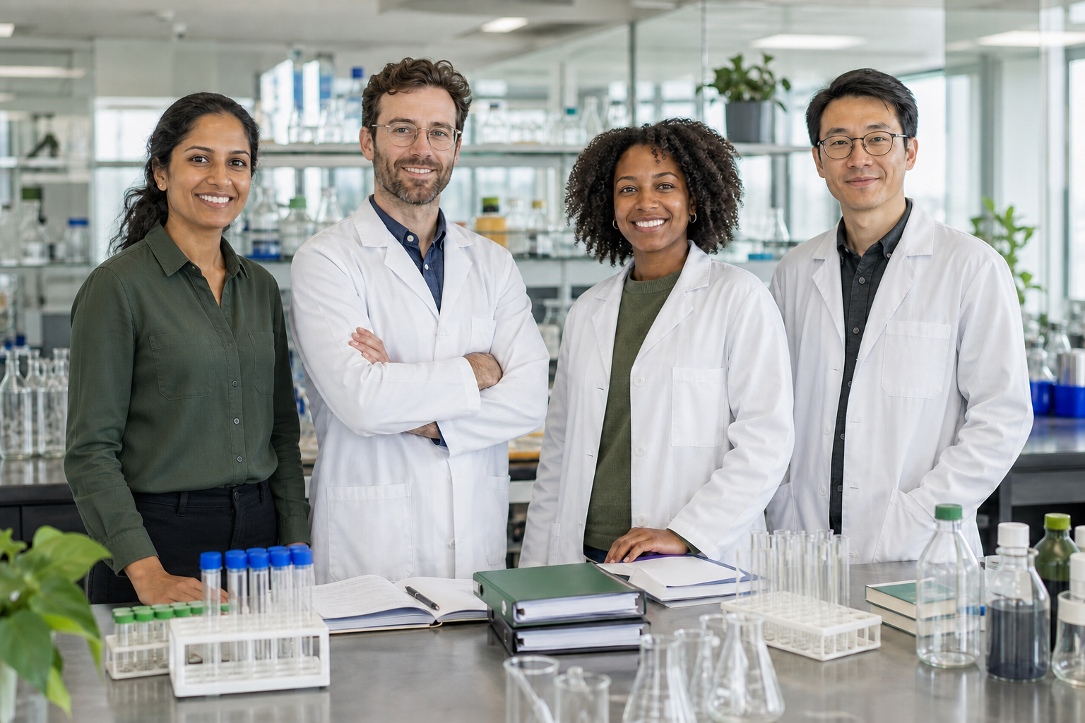 Science and compliance professionals standing behind a lab bench