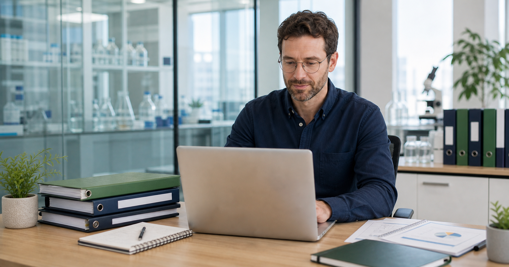 Professional working on a custom database in a science-oriented office